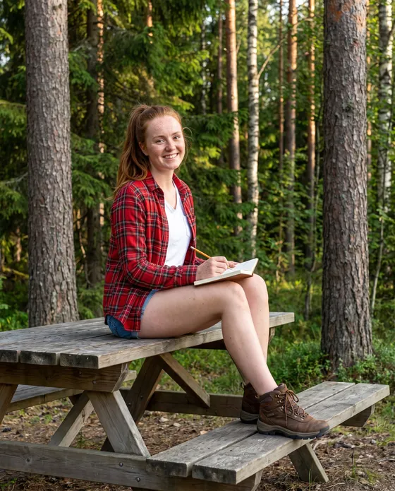 Ellie Marchand sits on a picnic table at a forest rest area with a notebook and a pencil.